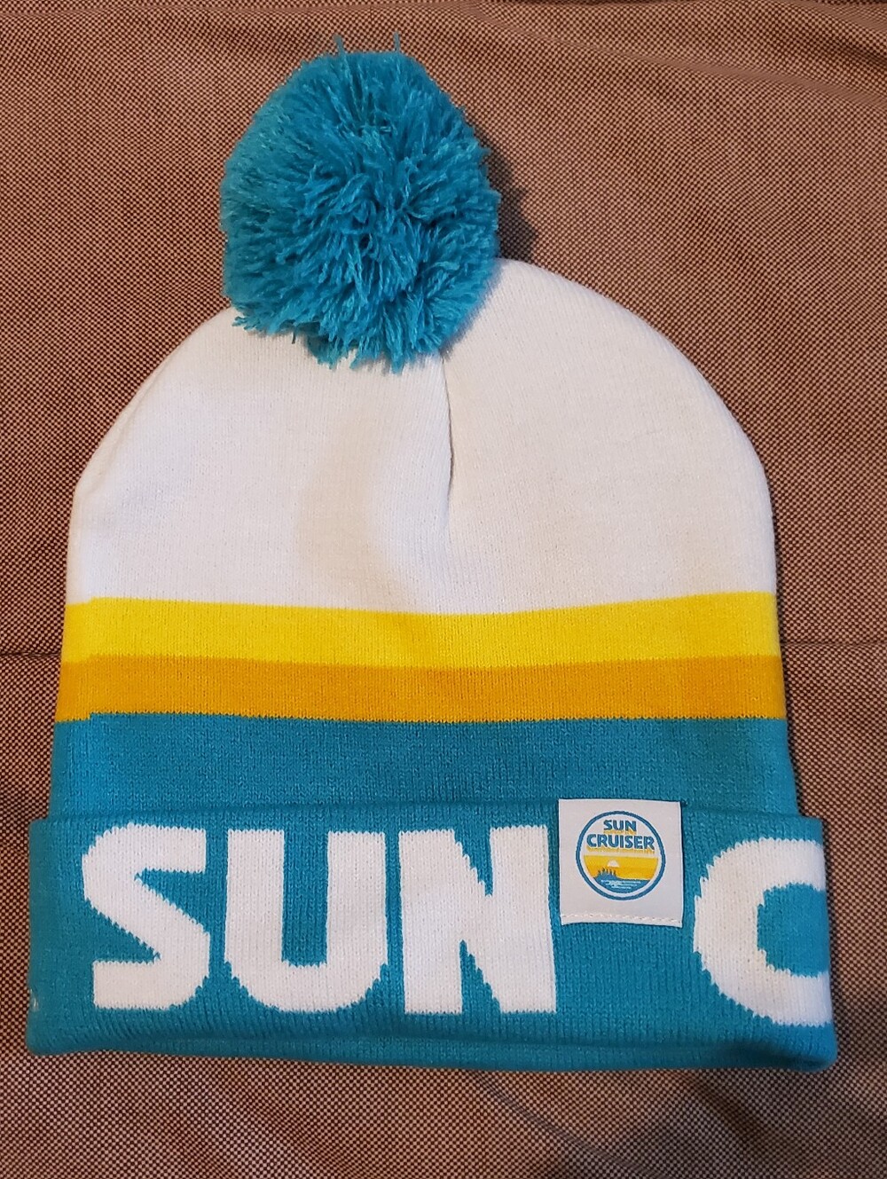 Beanie Sun Cruiser Beanie Pom Hat Teal Yellow Knit Winter Cap Hard Seltzer